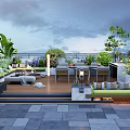 Rooftop Garden With Lush Green Plants Outdoor Seating Wooden Deck And Lighting