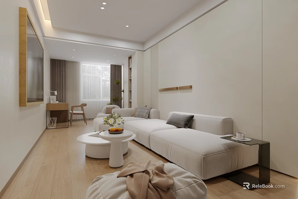 Hotel Guest Room Modern Interior With White Sofa Wooden Floor TV And Coffee Table 3d model 