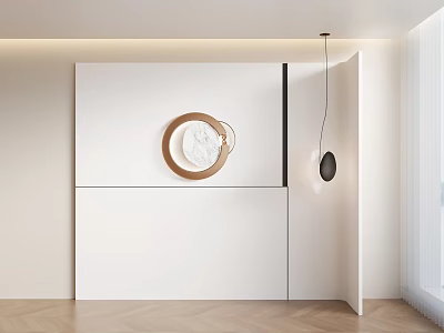 Minimalist White Interior With Circular Wall Art And Pendant Light 3d model
