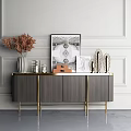 Modern Elegant TV Stand With White Cabinets Gold Frame Dried Flowers And Decorative Artworks