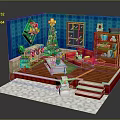 Christmas Themed Indoor Room With Blue Walls Christmas Tree Red Sofa Bookshelf And Snowman Decoration