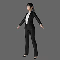 A Woman in Black Suit and White Shirt with Arms Outstretched Against Gray Background