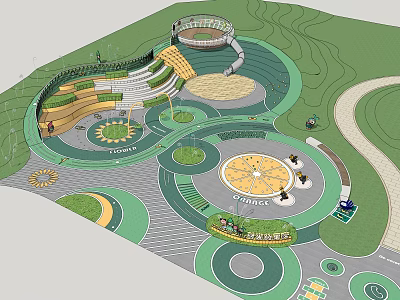 Modern Community Park Design With Circular Plazas Children Activity Zones And Green Lawns 3d model
