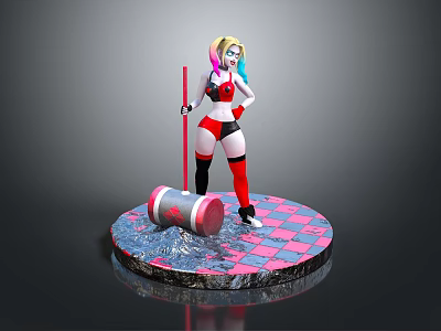 3D Harley Quinn Character Model With Red Black Costume Hammer And Checkered Base 3d model