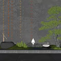 Zen Inspired Indoor Landscape With Hanging Decor Bonsai Pine Stone Basin And Flowing Water