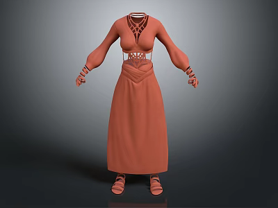 Orange Long Sleeve Dress With Crisscross Neckline White Waist Belt Decorative Cuffs And Sandals 3d model