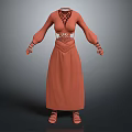 Orange Long Sleeve Dress With Crisscross Neckline White Waist Belt Decorative Cuffs And Sandals