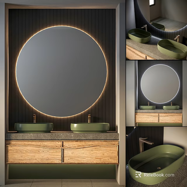 Modern Bathroom Set With Round Backlit Mirror Double Green Sinks And Wooden Cabinets 3d model 
