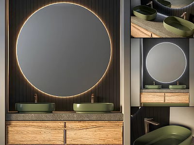 Modern Bathroom Set With Round Backlit Mirror Double Green Sinks And Wooden Cabinets 3d model