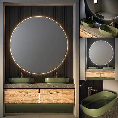 Modern Bathroom Set With Round Backlit Mirror Double Green Sinks And Wooden Cabinets 3d model