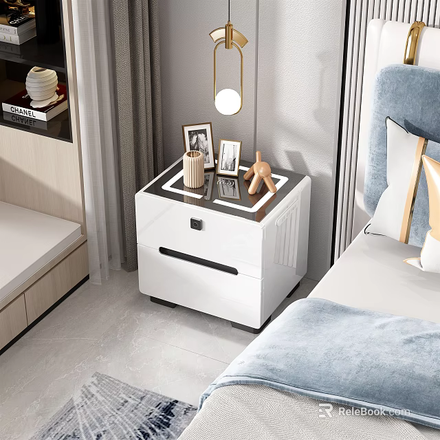 Modern White Bedside Table With Photo Frames Small Decor And Hanging Lamp In Contemporary Bedroom 3d model 
