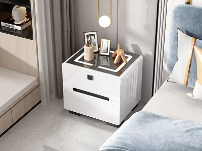 Modern White Bedside Table With Photo Frames Small Decor And Hanging Lamp In Contemporary Bedroom 3d model