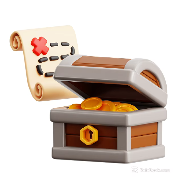 Game Movie Character Exploring Open Treasure Chest Filled With Gold Coins And Scroll Map 3d model 