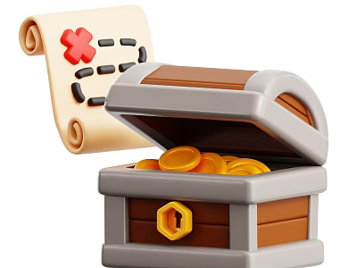 Game Movie Character Exploring Open Treasure Chest Filled With Gold Coins And Scroll Map 3d model
