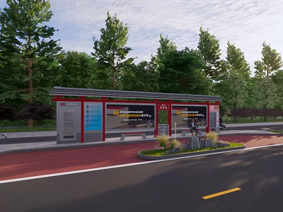 Urban Road Facilities With Bus Stop Shelter Red Footpath And Green Trees Along Road 3d model