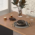 Modern Tableware Set with Golden Cutlery Black Bowl Gray Placemat Wine Glasses and Candles