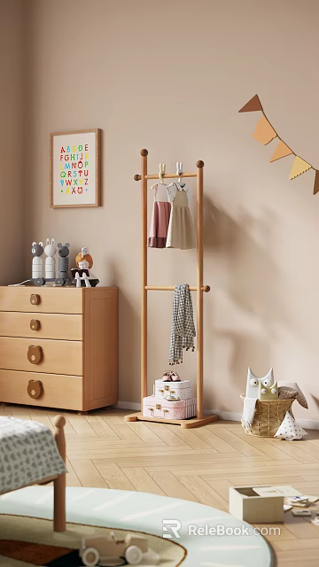Wooden Storage Cabinet in Kids Room with Stuffed Toys Wooden Hanger and Alphabet Wall Decor 3d model 