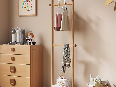 Wooden Storage Cabinet in Kids Room with Stuffed Toys Wooden Hanger and Alphabet Wall Decor 3d model