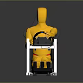 Yellow Mannequin Seated In Racing Simulator Seat With Steering Wheel And Pedals