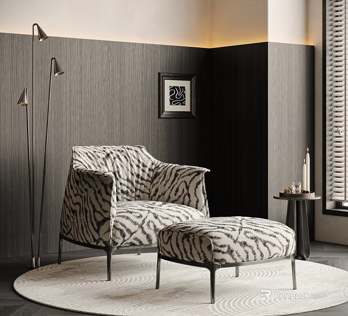 Zebra Striped Accent Chair With Matching Ottoman And Floor Lamp In Dark Wall Living Room 3d model