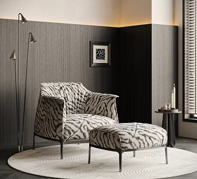 Zebra Striped Accent Chair With Matching Ottoman And Floor Lamp In Dark Wall Living Room 3d model