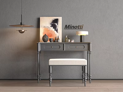 Minotti Dressing Table With Drawers Upholstered Stool Decorative Items Framed Painting And Pendant Light 3d model