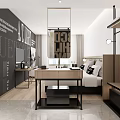 Modern Hotel Room Interior With Comfortable Bed Green Chair Grey Sofa And Decorative Wall