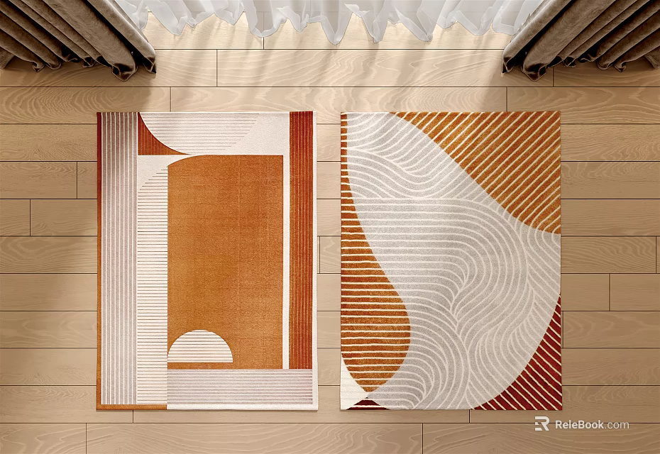 Modern Square Area Rugs Featuring Brown White Geometric Patterns And Wavy Lines Design 3d model