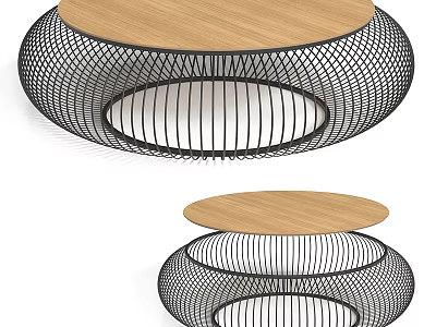 Modern Coffee Table With Wooden Top And Black Metal Mesh Base 3d model