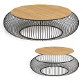 Modern Coffee Table With Wooden Top And Black Metal Mesh Base
