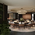 Elegant Restaurant Interior Design With Round Dining Table Crystal Chandelier And Brick Wall