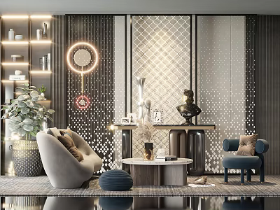 Modern Living Room Sofa Coffee Table Set With Decorative Pieces And Stylish Wall Design 3d model
