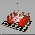 Red Booth Sofas Square Dining Table Black White Checkered Floor Wooden Screen Pendant Light Furniture