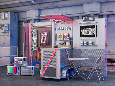 Functional Mobile Food Truck With HEATTECH Sign Metal Structure Vintage TV And Table Chairs 3d model