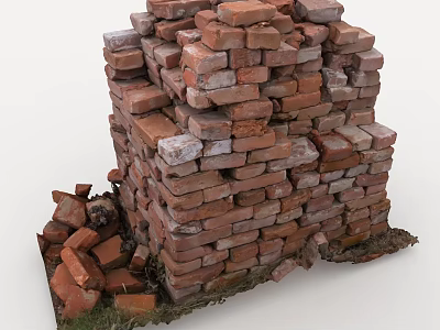 Red Bricks Stack With Scattered Pieces And Grass At The Base 3d model