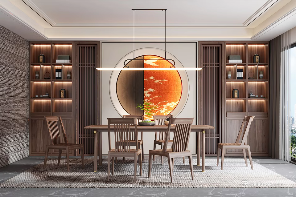 Chinese Style Restaurant Interior With Wooden Dining Table Chairs Round Decorative Painting And Illuminated Cabinets 3d model 
