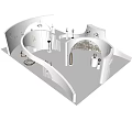 Modern Elegant Exhibition Hall With Curved White Displays And Hanging Lamps Design