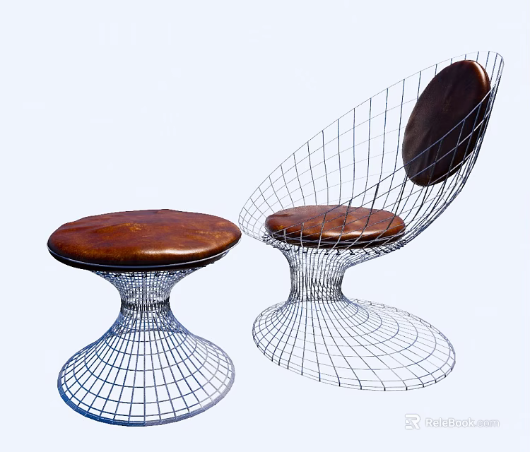 Modern Leisure Chair With Wire Mesh Frame And Brown Leather Seat Backrest 3d model 