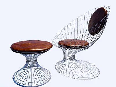 Modern Leisure Chair With Wire Mesh Frame And Brown Leather Seat Backrest 3d model