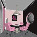 Pink Themed Private Dining Room Interior Design With Round Wall Decor And Pink Chairs