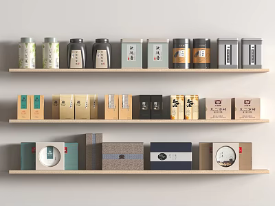 Various Tea Sets Packaging Displayed on Wooden Shelves with Chinese Labels and Colorful Designs 3d model