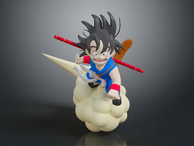 Anime Character Action Figure Spiky Black Hair Blue Outfit Holding Red Staff On Cloud Base 3d model
