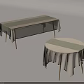 Stylish Rectangular And Round Tables With White Tablecloths And Green Striped Runners 3d model