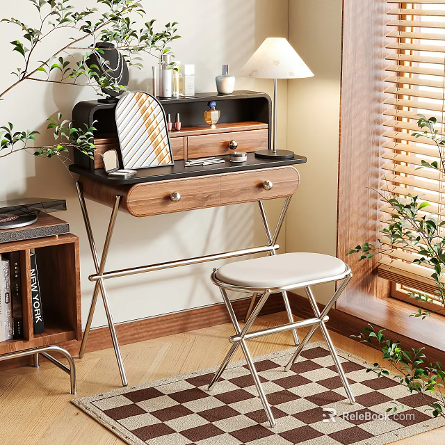 Elegant Dressing Table With Mirror Lamp Stool And Potted Plants On Checkered Rug 3d model 