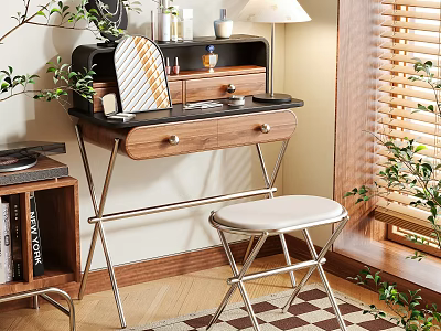 Elegant Dressing Table With Mirror Lamp Stool And Potted Plants On Checkered Rug 3d model
