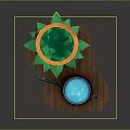 Vibrant Green Leafy Plant in Orange Pot With Black Watering Can Blue Liquid And Sparkles