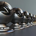 Neatly Arranged Metallic Spherical Surveillance Cameras With THE DOOR MAN Base