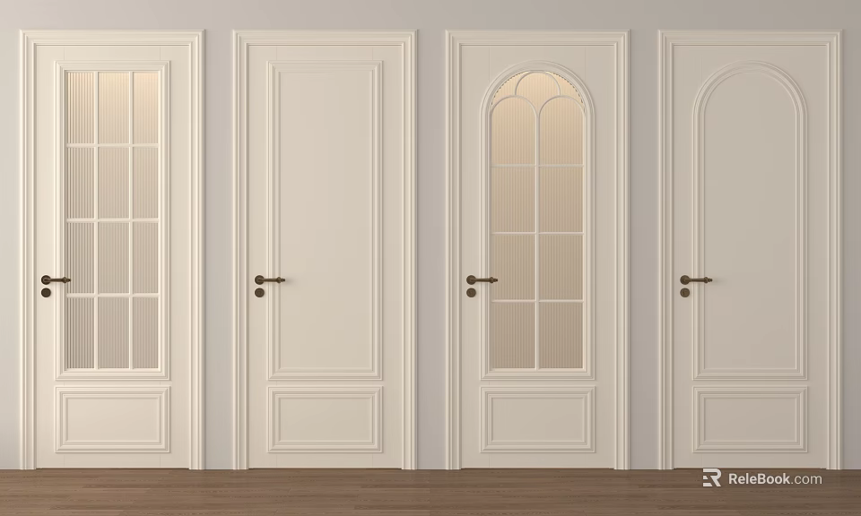 White Hinged Doors With Glass Panels And Metal Handles For Home Interior Design 3d model 
