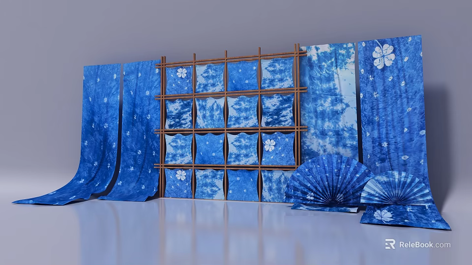Traditional Indigo Dyed Fabric Displayed On Wooden Rack With White Floral Patterns And Folding Fans 3d model 