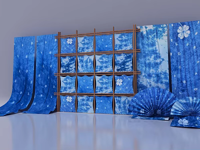 Traditional Indigo Dyed Fabric Displayed On Wooden Rack With White Floral Patterns And Folding Fans 3d model